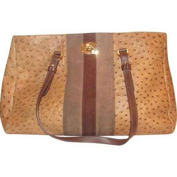 Furla Brown Ostrich XL Tote Embossed Leather And Suede Center Stripe - Picture 1 of 12